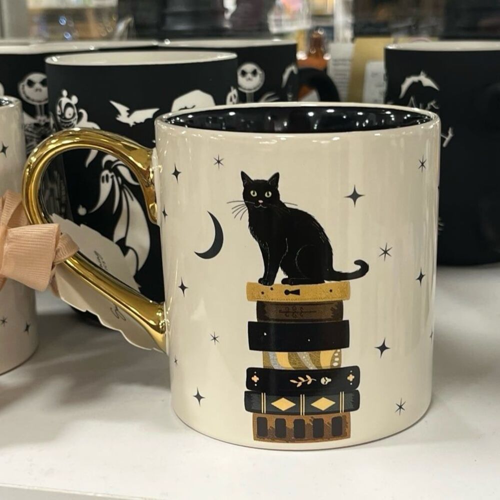 Halloween Black Cat Sitting on Books Mug with Gold Handle